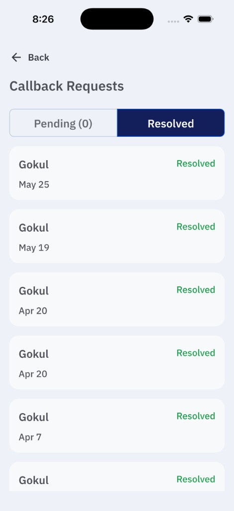 HFG | Vault — advisor callback requests screen