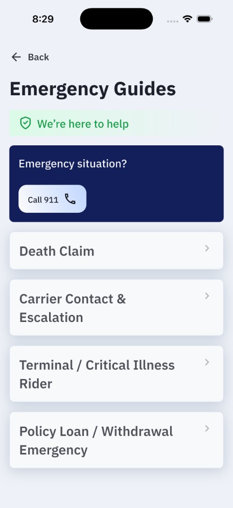 HFG | Vault — advisor emergency guides screen